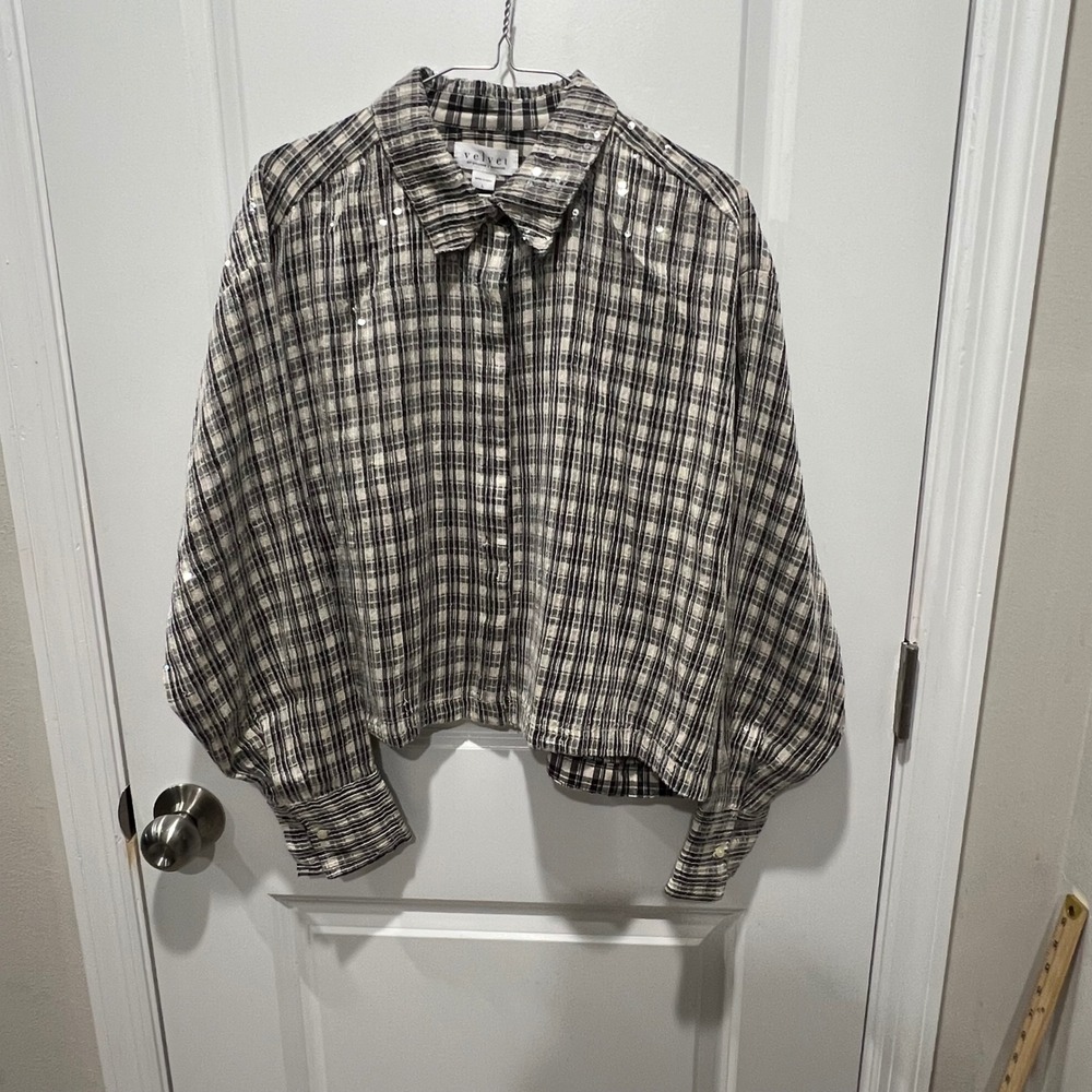 Velvet Womens Button Down Shirt Sequin Plaid Black‎ Cream Size L